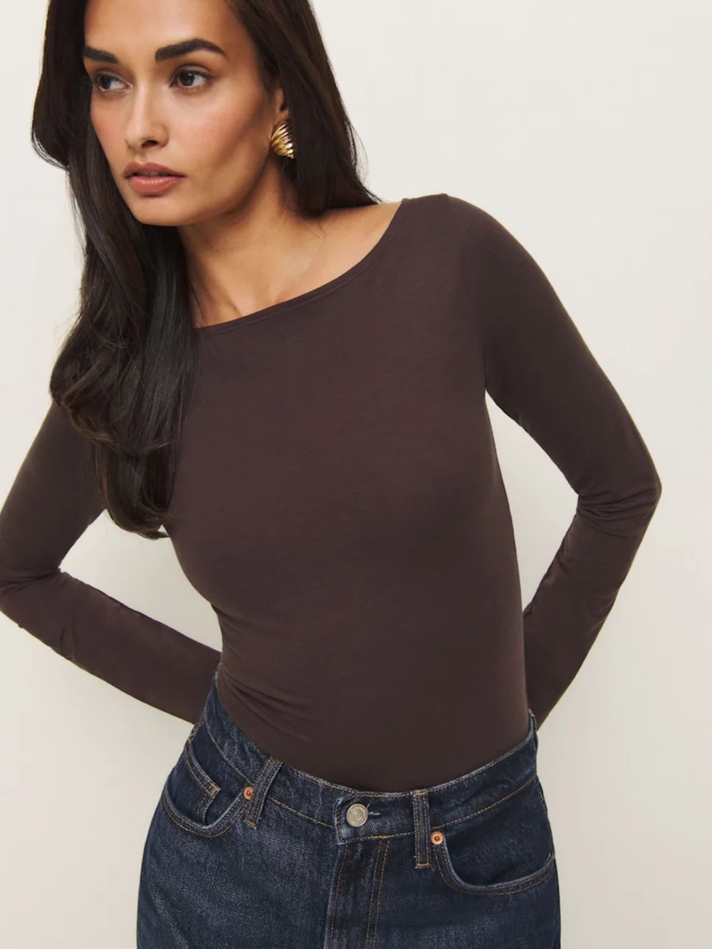 Reformation Brown Wiley Boatneck Long-Sleeve Top SZ M